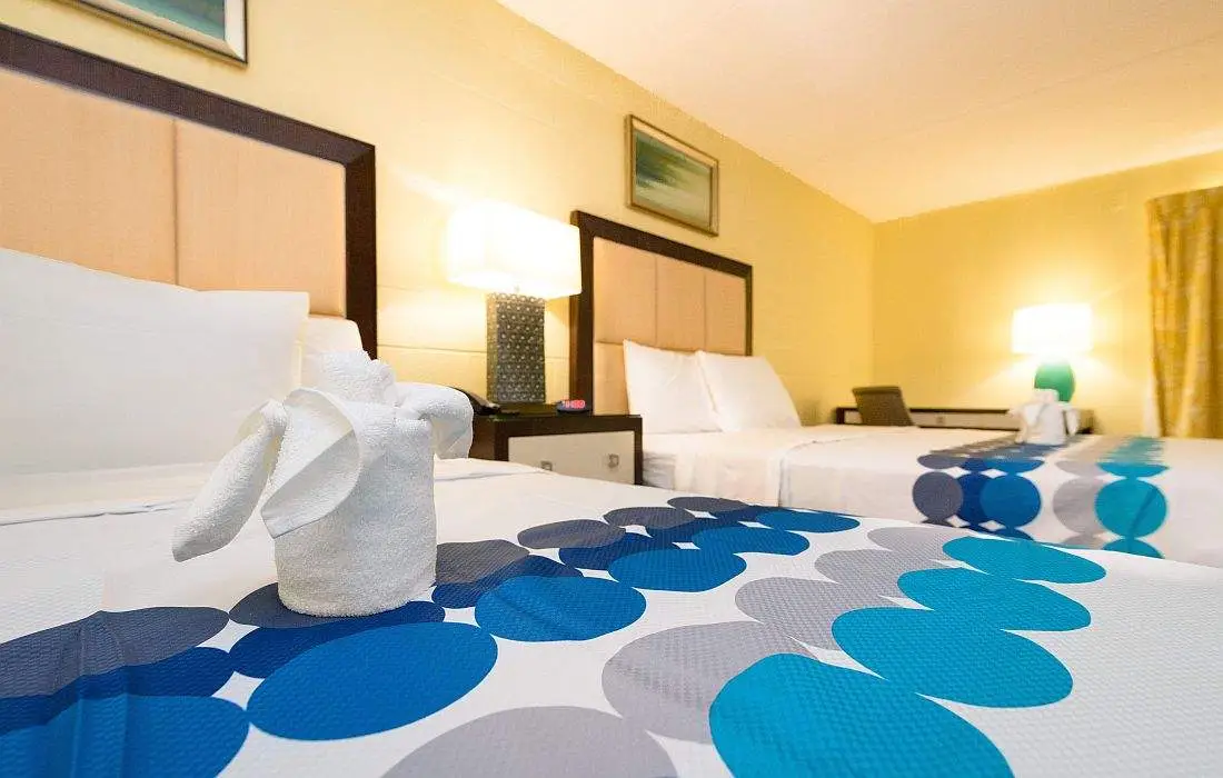 Two beds with white bedding and blue and grey patterned runners are visible in a hotel room with yellow walls