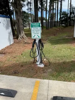 A charging station with two charging cables and a sign that reads "CHARGING STATION ELECTRIC CAR PARKING ONLY WHILE CHARGING" is visible on a grassy area next to a paved path
