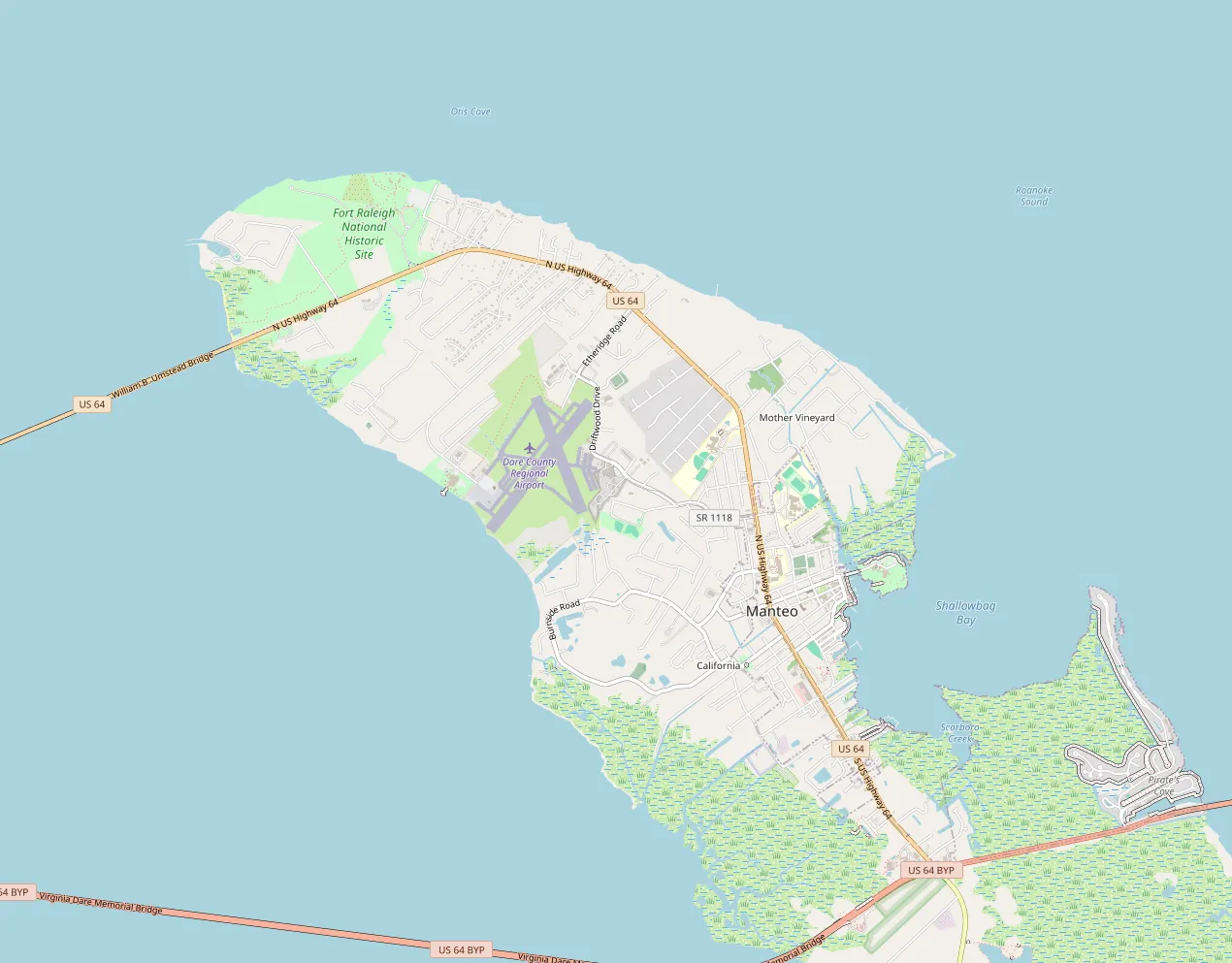 Map of the hotel and selected nearby places: Heart of Manteo Motor Lodge; North Carolina Aquarium on Roanoke Island, Fort Raleigh National Historic Site, Roanoke Island Festival Park